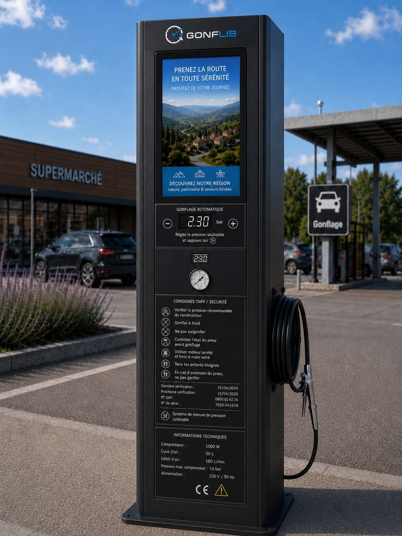 Borne de gonflage automatique GONFLIB installée sur le parking d'un supermarché, écran publicitaire digital en partie haute